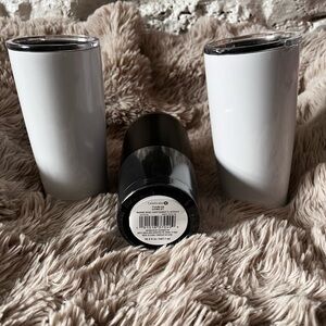 2 plain white tumblers and 1 black plain tumbler. 3 Total, New.